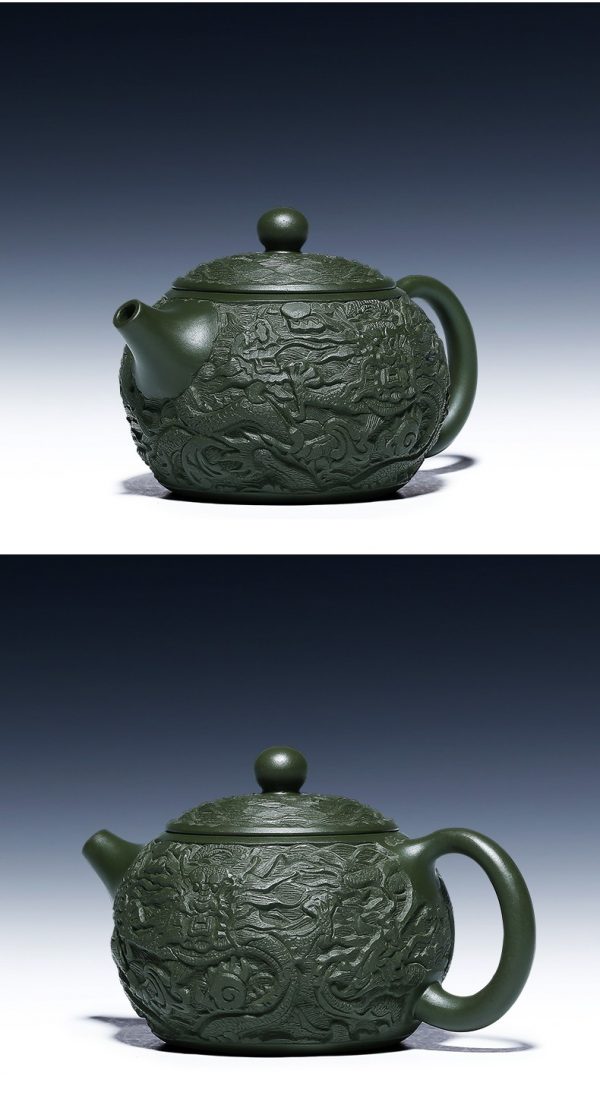 исинский чайник Си Ши Резной Дракон ручной работы с резьбой 10 Коллекционный исинский чайник Си Ши Резной Дракон ручной работы с резьбой, зеленая глина бэншань люй ни