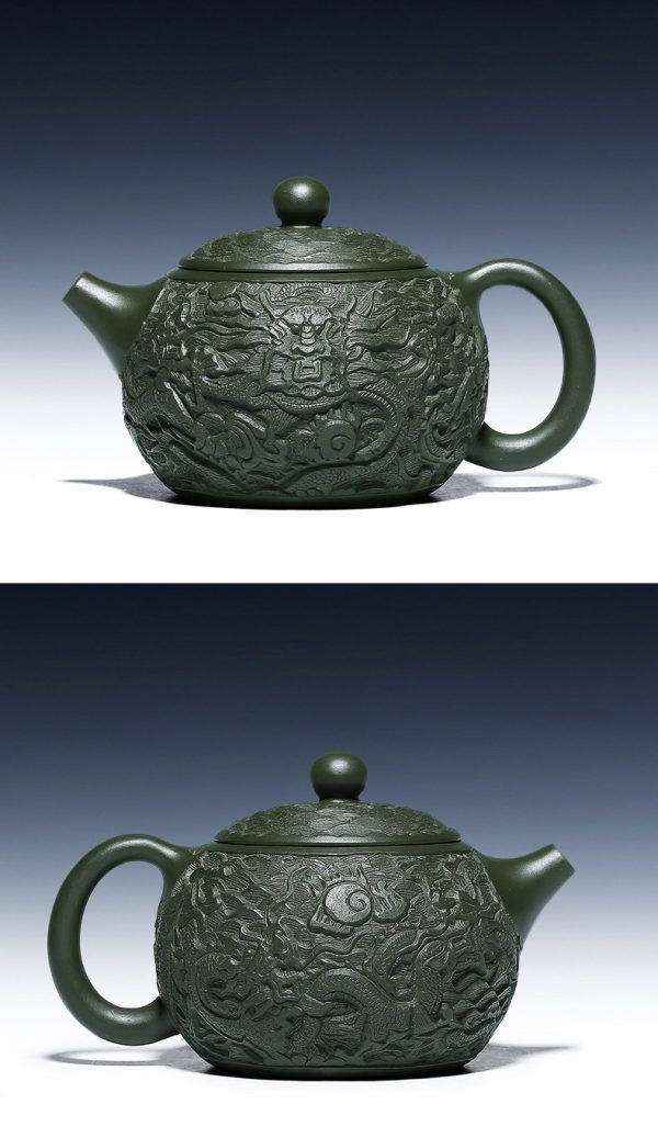 исинский чайник Си Ши Резной Дракон ручной работы с резьбой 16 Коллекционный исинский чайник Си Ши Резной Дракон ручной работы с резьбой, зеленая глина бэншань люй ни