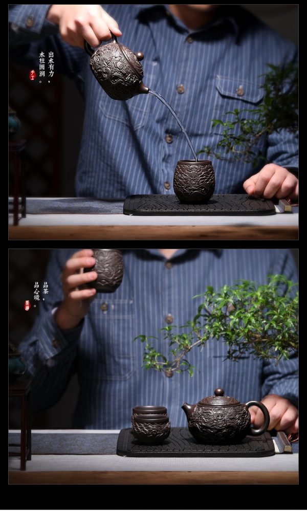 исинский чайник си ши ручной работы с резьбой 13 Коллекционный исинский чайник си ши ручной работы с резьбой, черная глина хей ни, 4 чашки